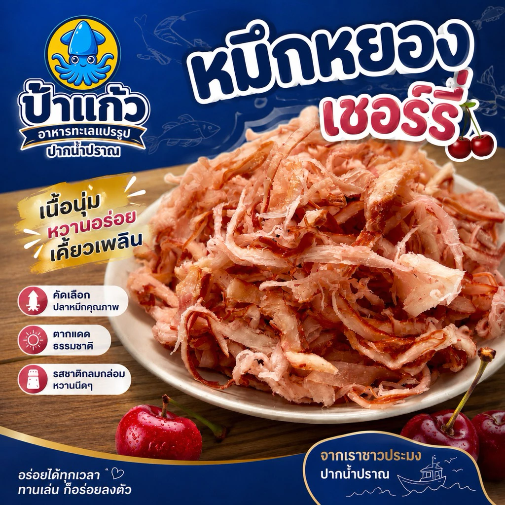 หมึกหยองเชอรี่ ปลาหมึกเชอรี่ เนื้อหอมหวาน นุ่มฟู หอม อร่อยมาก ทานเล่นได้เลยครับ