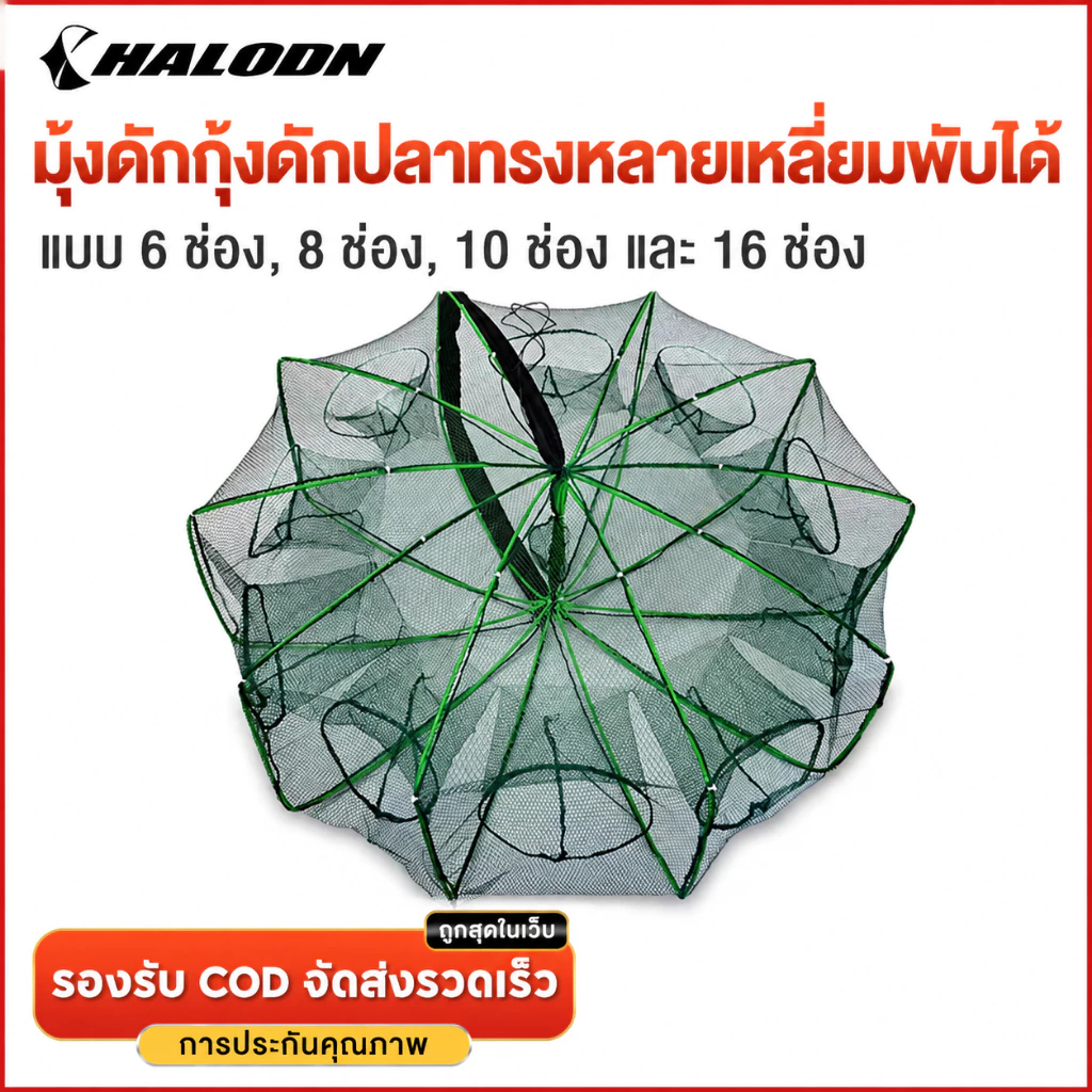 HALODN ตาข่าย ที่ดักกุ้งฝอย มุ้งดักปลา พับเก็บได้ กระชังดักปลา 6/8/10/16 ช่อง หกเหลี่ยม มุ้งดั