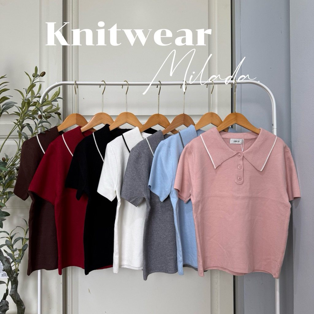 [ป้าย One-K] เสื้อไหมพรมคอปกแขนสั้น แต่งขอบปกสีตัด ผ้านุ่มยืด ใส่สบาย ทรงสวย เรียบหรู แมตช์ง่าย มีหลายสี
