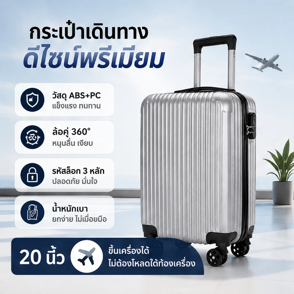 PassionGrip กระเป๋าเดินทางล้อลาก 20/24 นิ้ว วัสดุ ABS น้ำหนักเบา 8 ล้อคู่ หมุน 360° ล้อเงียบ รุ่น 20 นิ้วขึ้นเครื่องได้