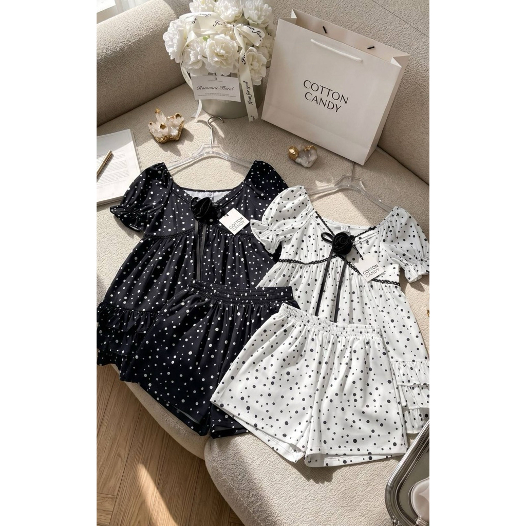 #Cotton Candy 🍭 ชุดเซตผ้าลายจุด เสื้อตัวยาวมินิเดรส + ขาสั้น New Gigilala korea set