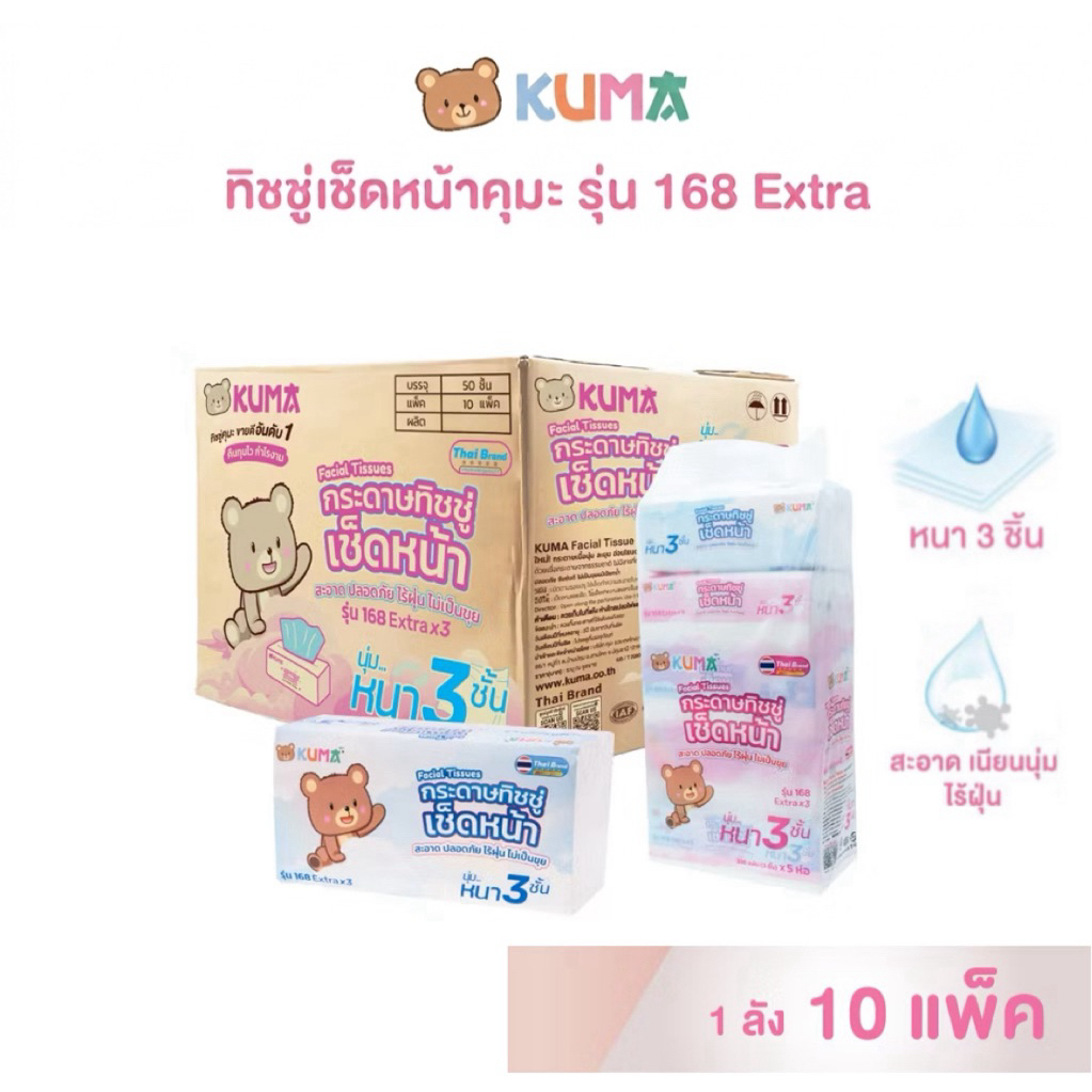 [ยกลัง 10 แพ็ค] KUMA คุมะ กระดาษทิชชู่เช็ดหน้า รุ่น 168 Extra X3 หนา3ชั้น นุ่ม ไร้ฝุ่น ไม่เป็นขุย ทิชชู่พกพา ทิชชู่ยกลัง