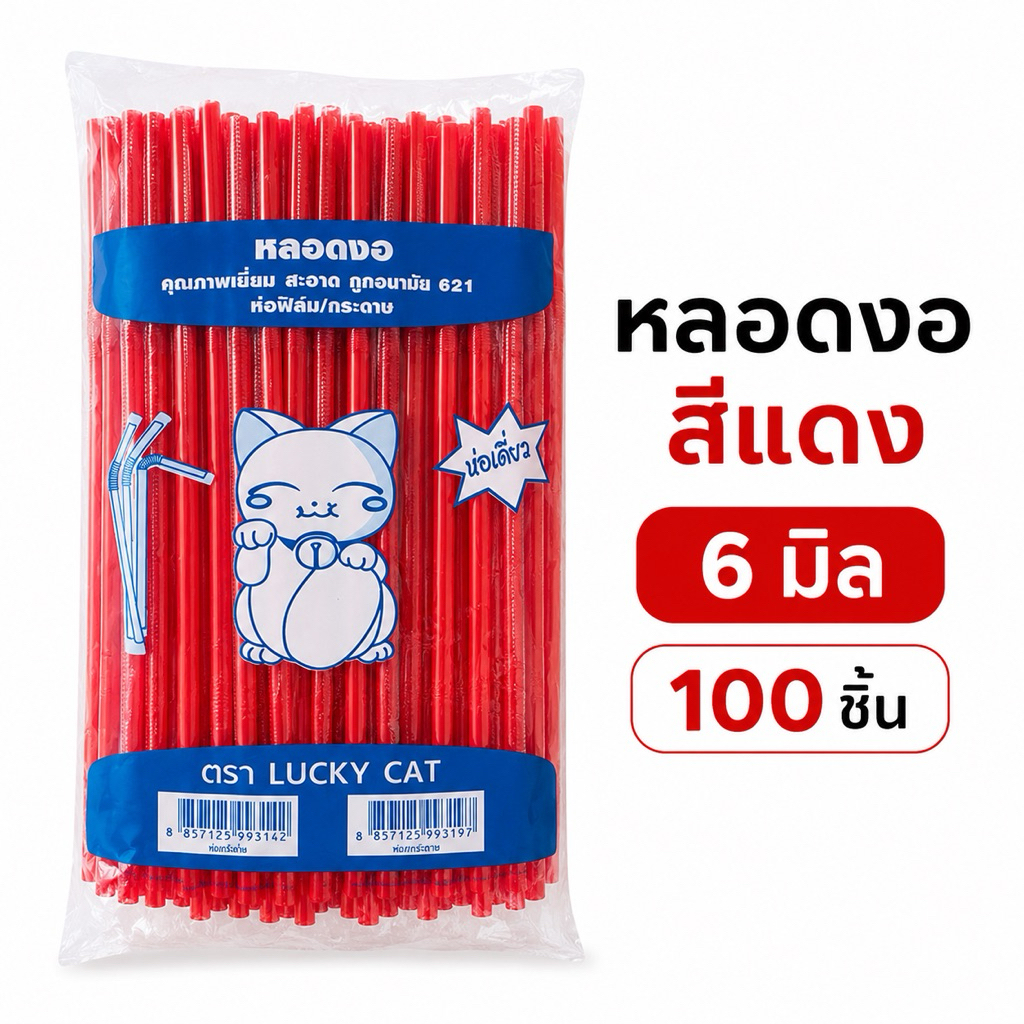 หลอดงอ หลอดดูดน้ำ สีแดง ห่อฟิล์ม ขนาด 6  มิล ยาว 21  cm จำนวน 100 เส้น/ห่อ