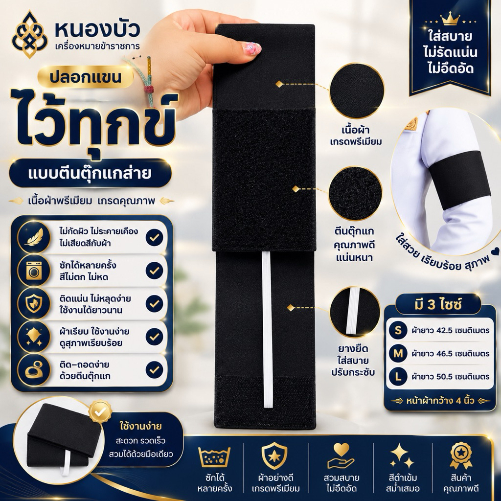 ปลอกแขนไว้ทุกข์สีดำ แบบตีนตุ๊กแก ผ้าพรีเมียม ซักได้ ปรับขนาดได้ หน้าผ้า 4 นิ้ว สำหรับชุดปกติขาว ข้าราชการ