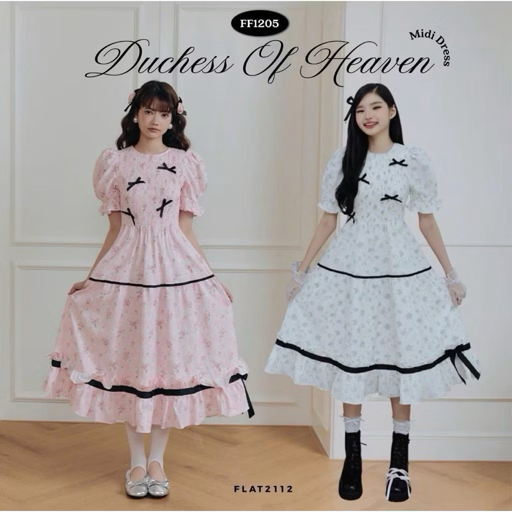 FLAT2112 :(NEW) Free size DUCHESS OF HEAVEN MIDI DRESS เดรสยาวเรียบหรู คอกลมใส่ง่าย ผ้าพริ้วใส่สบาย ชุดไปคาเฟ่ (FF1205)