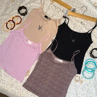 เสื้อสายเดี่ยวลายจุด,งานเซทคู่กางเกง ผ้า Cotton Spandex เนื้อนิ่มยืดใส่สบาย มีขายแยก