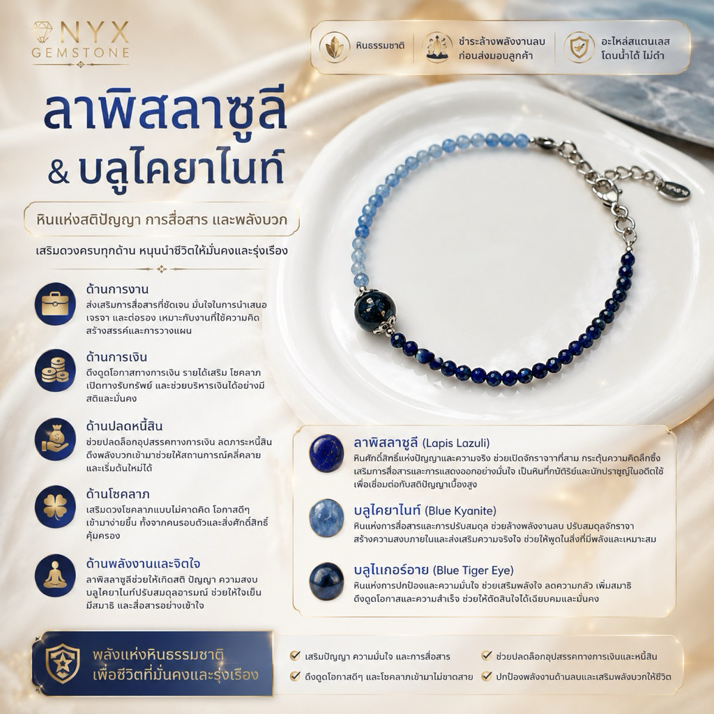หินปลดหนี้ การเงิน ไคยาไนต์ & ลาพิส ลาซูลี kyanite - Lapis Lazuli สร้อยข้อมือ หินนำโชค ผ่านพิธี ปลุกเสก ของแท้