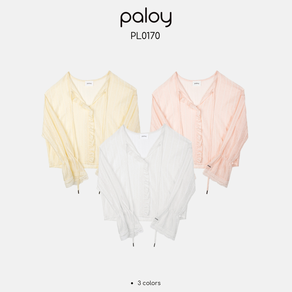 Paloy - PL0107 เสื้อแขนยาวคอผูกโบว์ปลายแขนลูกไม้