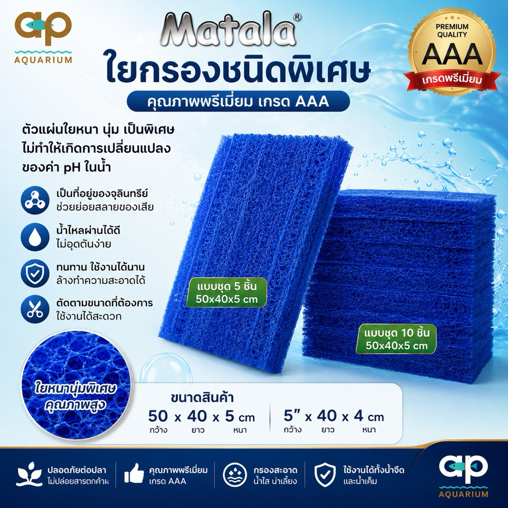 Matala ใยหยาบ filter floss ผลิตจากเม็ดพลาสติก ใส่ช่องกรองบ่อปลาแบบแข็ง ตัดขนาด 40x50x หนา 4 cm กับ 5 cm