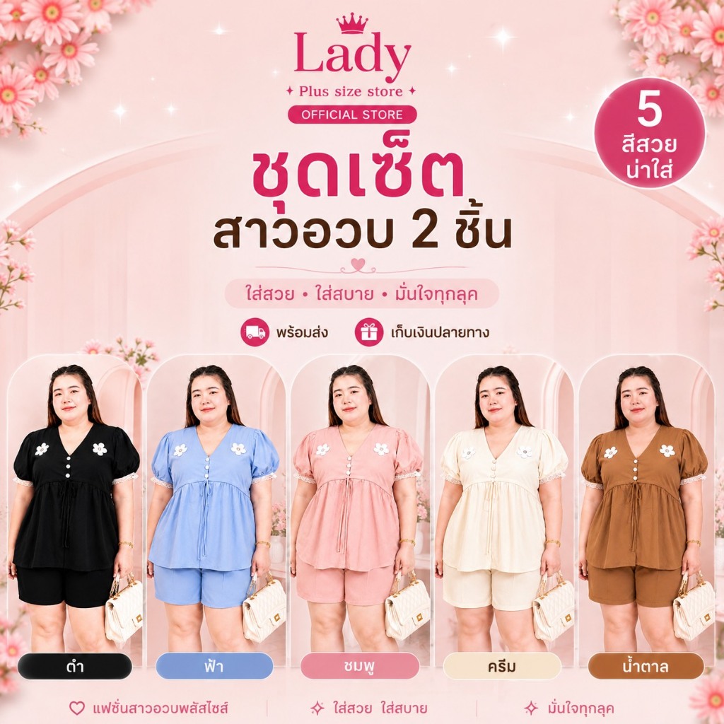 A121 ชุดเช็ตสาวอวบ2ชิ้นผ้าครัชอย่างดี เสื้อแต่งดอกไม้มีเชือกผูกหน้า+กางเกงขาสั้น สุดน่ารัก