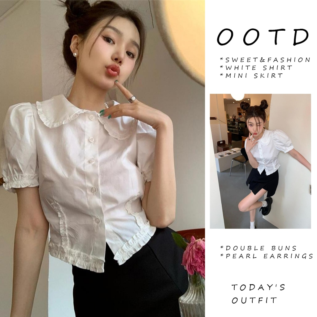 C&T#เสื้อเชิ้ตแขนสั้นสีขาวสำหรับผู้หญิง คอปกปีเตอร์แพน แขนพอง สไตล์ฝรั่งเศส #W704