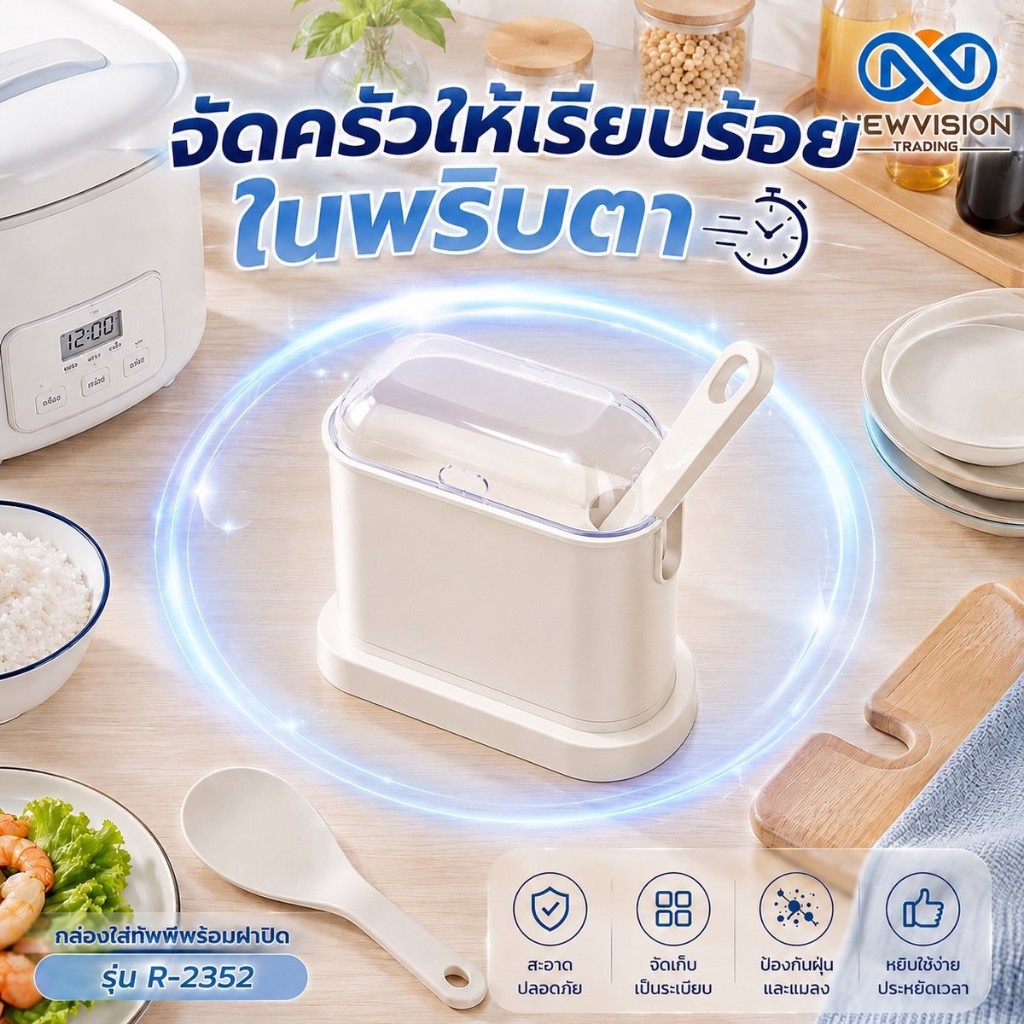 Keyway กล่องใส่ทัพพีตักข้าว R-2352 (Food Grade) ทัพพีตักข้าวพร้อมกล่องเก็บ ฝาปิดใส ที่ตักข้าวสวย ทัพพีญี่ปุ่น พร้อมส่ง