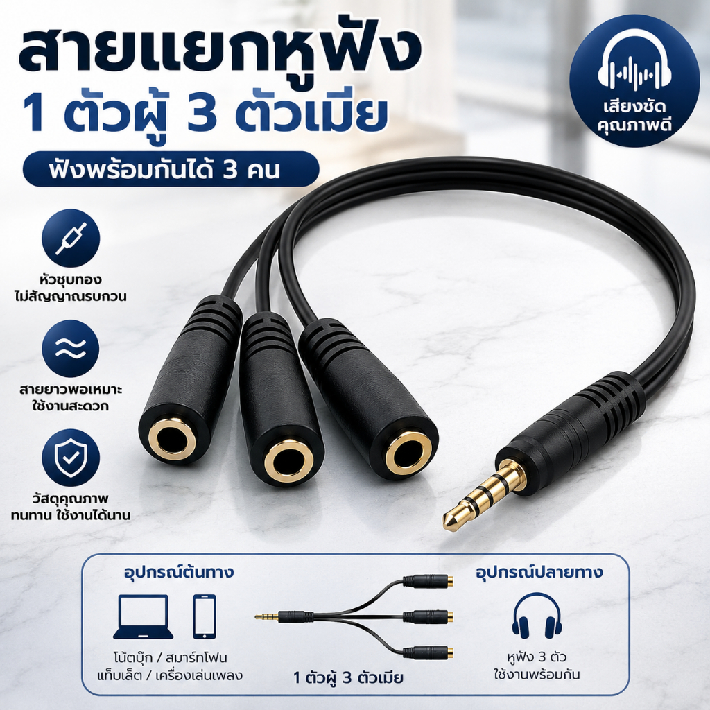 Luxe-T AUX หูฟังหลายตัวแยกสัญญาณเสียงอะแดปเตอร์ตัวแยกสายแจ็คฮับ3.5มม.