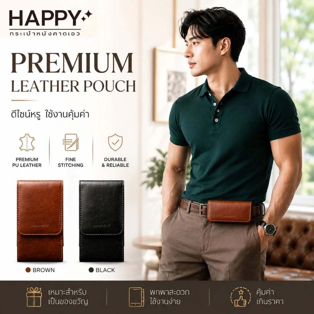 🔰 HAPPY (นอน/ตั้ง) ซอง กระเป๋าคาดเอวใส่โทรศัพท์ มือถือ เหน็บเอว มีหลายขนาด ใส่มือถือได้ทุกรุ่น