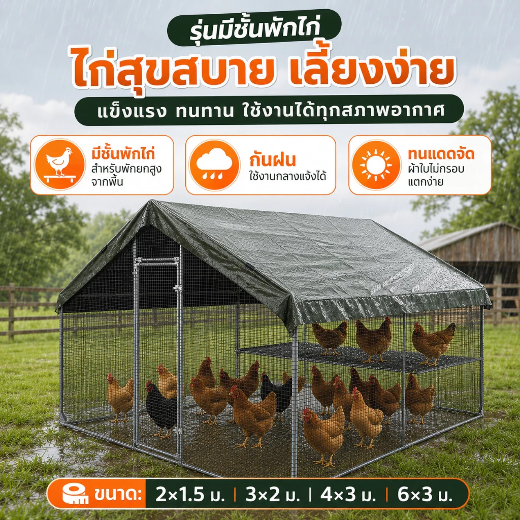 กรงไก่สำเร็จรูป โรงเรือนไก่อเนกประสงค์ คอกกลางแจ้ง โครงเหล็กชุบสังกะสี หลังคากันฝน‑แดด ตาข่ายแน่น ประกอบง่าย เหมาะไก่ชน