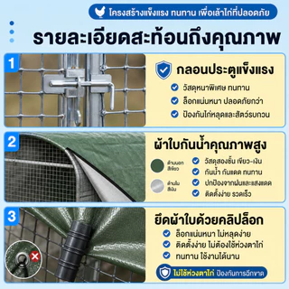 กรงไก่สำเร็จรูป โรงเรือนไก่อเนกประสงค์ คอกกลางแจ้ง โครงเหล็กชุบสังกะสี หลังคากันฝน‑แดด ตาข่ายแน่น ประกอบง่าย เหมาะไก่ชน
