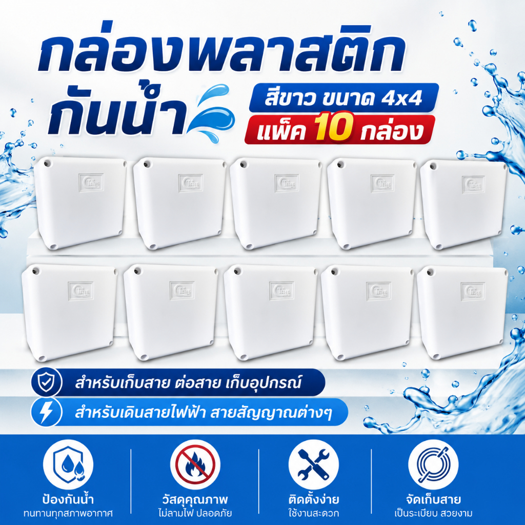 เเพ็ค 10 กล่อง!! กล่องกันน้ำพลาสติก@TIME ขนาด 4x4 สีขาว บล็อกกันน้ำ บล็อกพักสาย