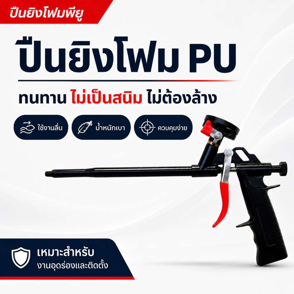 ปืนยิงโฟม PU แบบไม่ต้องล้าง ด้ามจับกันลื่น หัวเกลียวแน่น ใช้กับโฟมกระป๋อง งานอุดรอยรั่ว ติดตั้งประตูหน้าต่าง