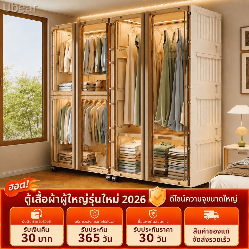 Ubear ตู้เสื้อผ้าพับได้ ตู้เสื้อผ้าพลาสติกขนาดใหญ่ สำหรับผู้ใหญ่ ลายริ้วแนวตั้ง ชั้นวางถอดได้ กันฝุ่