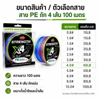 สายเอ็นตกปลา PE แบบถัก หลากสี 100 ม. 300 ม. 4เส้น PE Fishing Line เหนียว ทนทาน