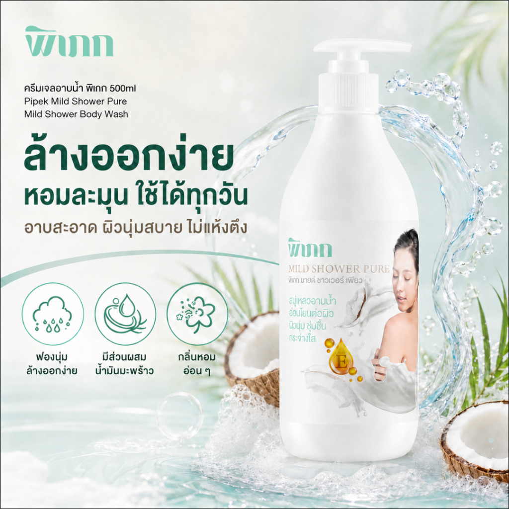 ครีมเจลอาบน้ำ พิเภก 500ml Mild Shower Pure ล้างออกง่าย หอมละมุน