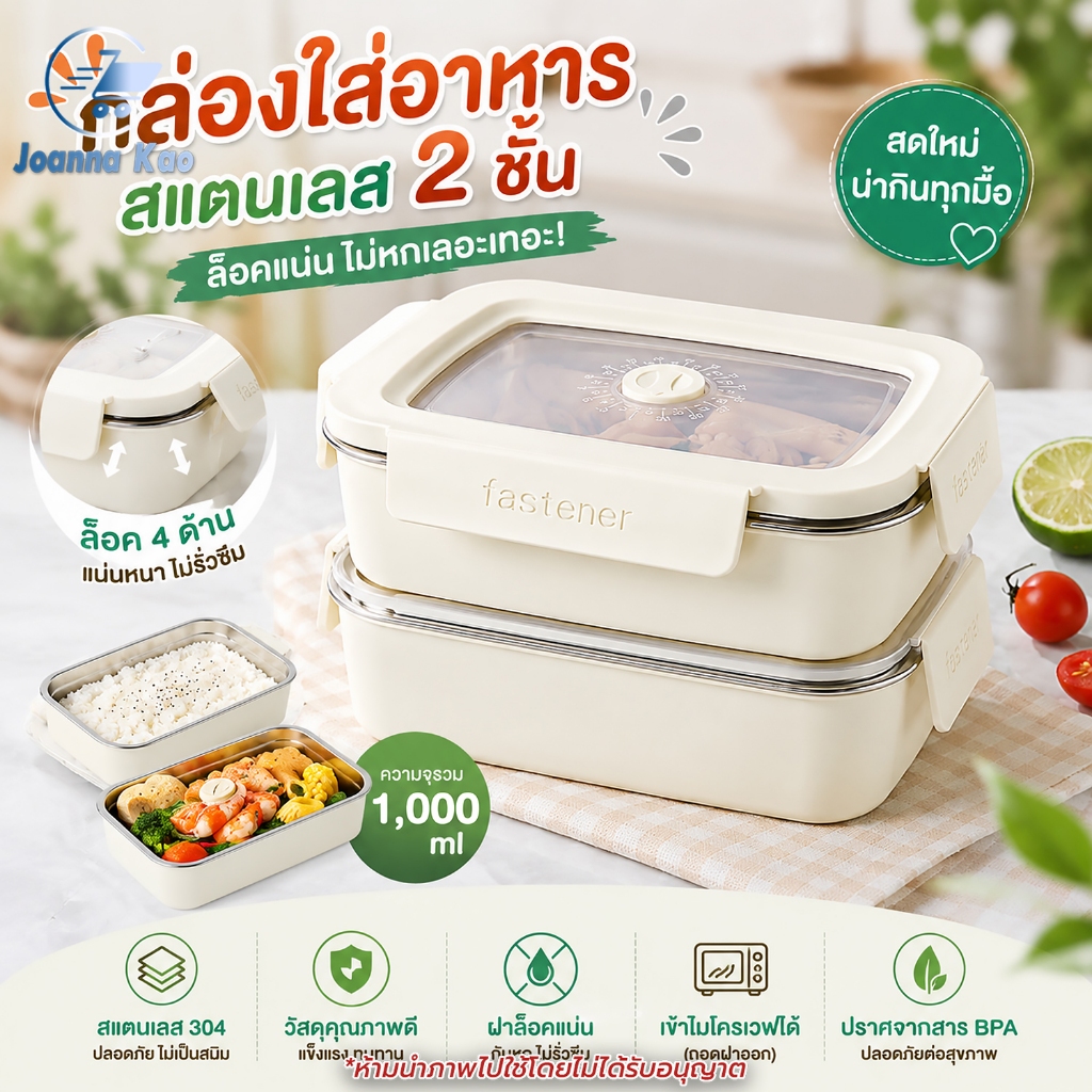 กล่องอาหารสแตนเลส หนา2ชั้น สีขาวครีม ความจุ1000ML เข้าไมโครเวฟได้ กล่องข้าวกลางวัน