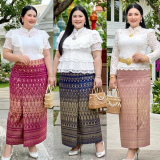 ผ้าถุงลายไทย ผ้ายืดสกินนี่ เอวยืด ทรงป้ายลายแพวา สาวอวบ ผ้าถุงสำเร็จรูป