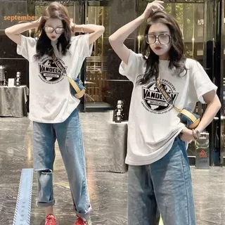 (กรุงเทพจัดส่งสินค้า)เสื้อยืดคอกลมแขนสั้นหลวมสไตล์เกาหลีสำหรับผู้หญิง -ผ้าฝ้ายบริสุทธิ์