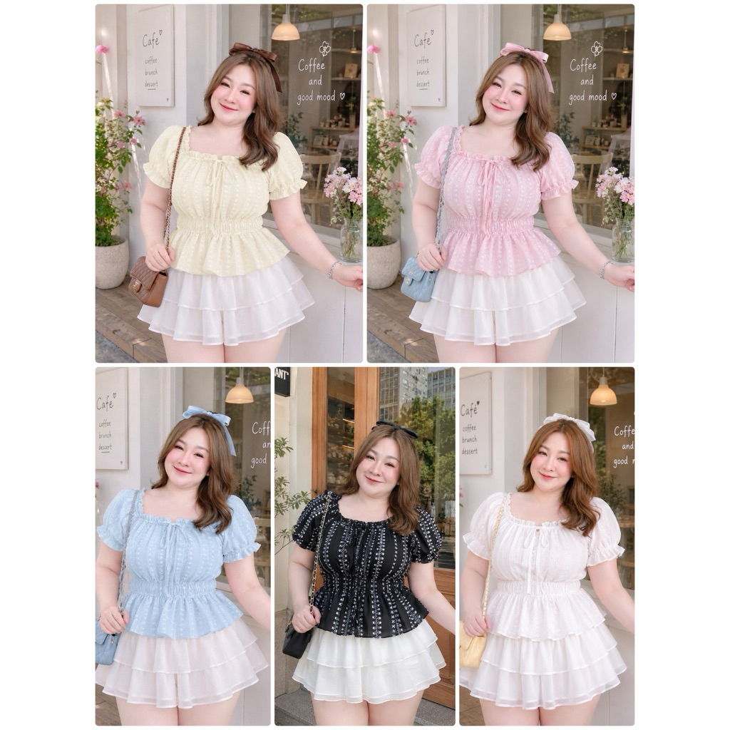 [สาวอวบ]เสื้อบาร์บี้ อก38-46 (หน้าผ้า48) ดีเทรลเนื้อผ้าโรซี่พิมลาย  มียางสม๊อครอบตัวเหมาะสำหรับสาว L-3xL