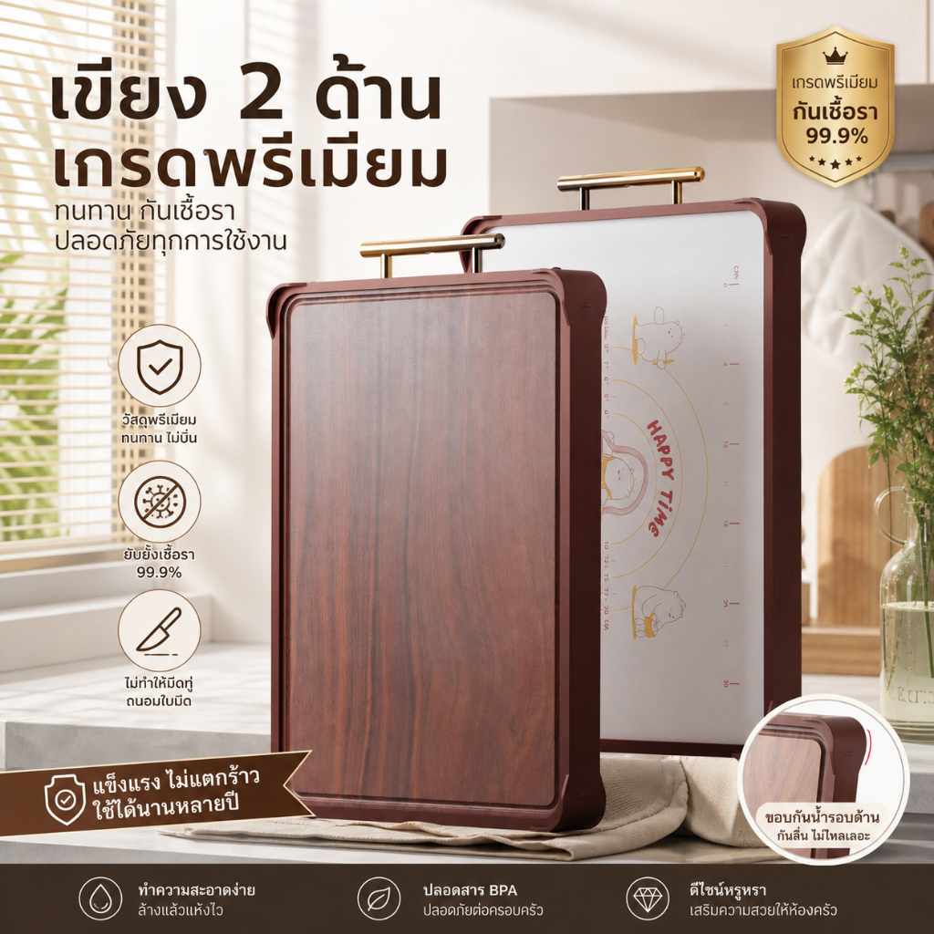 เขียงไม้ Ebony + PP Food Grade เขียงหั่นผักเนื้อ แอนตี้แบคทีเรีย กันรา ขนาดใหญ่ ใช้ได้ 2 ด้าน
