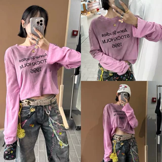 BY IRA Acne Top (2511) โลโก้ตัวอักษรพิมพ์ ฤดูใบไม้ผลิและฤดูใบไม้ร่วงใหม่ผ้าคอตตอน รอบคอแขนยาวหลักฐานเสื้อยืด