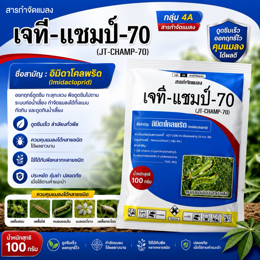 เจที - แซมป์-70 อิมิดาโคลพริด 100กรัม ป้องกันกำจัด เพลี้ย หนอน แมลง ในพืชผักทุกชนิด ไม้ดอกไม้ประดับ