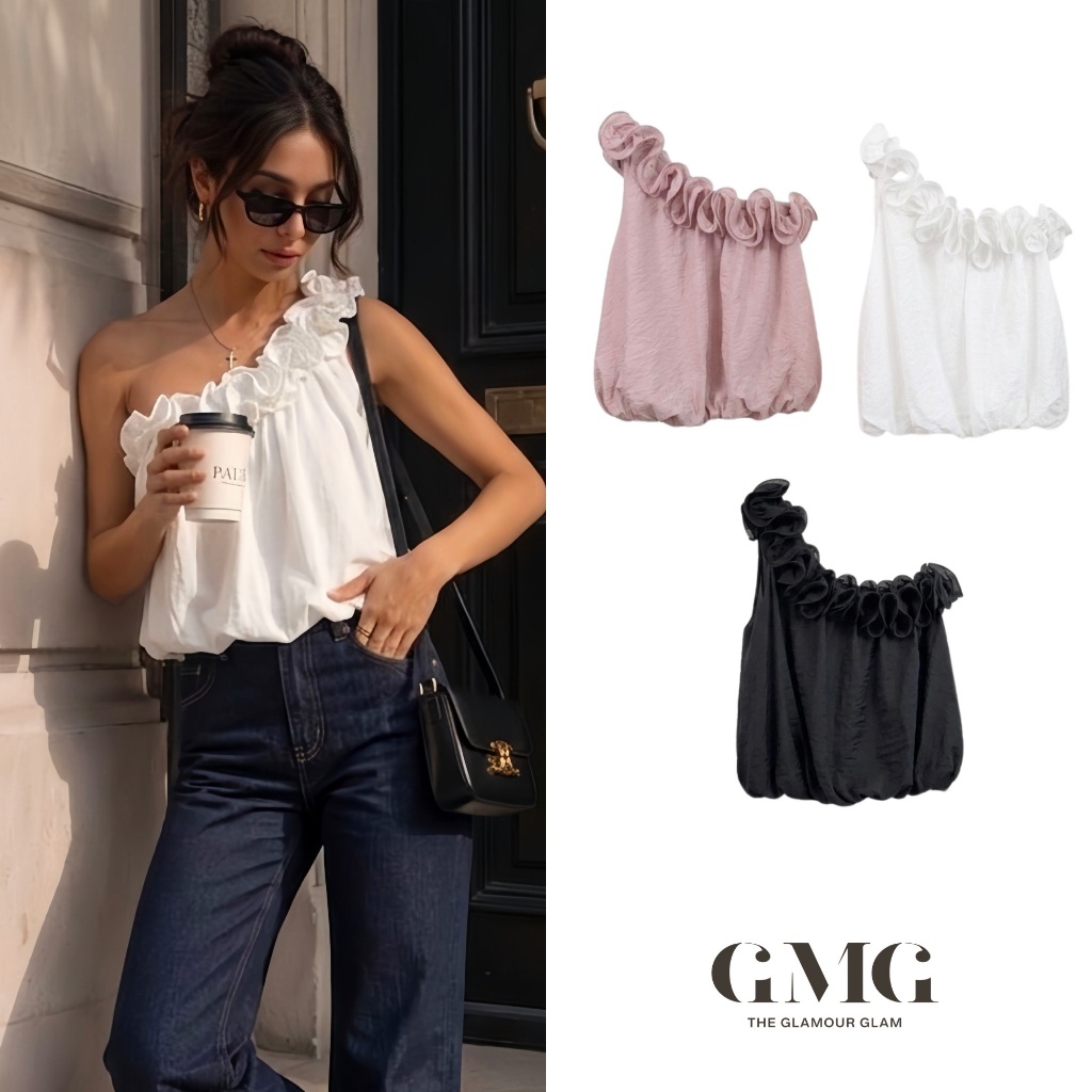 เสื้อปาดไหล่ข้างเดียว ผ้า Muslin ดีเทลแต่งระบายย่นเป็นลอนคลื่นหนาและฟู (Flower Half Shoulder White/Black/Pink)