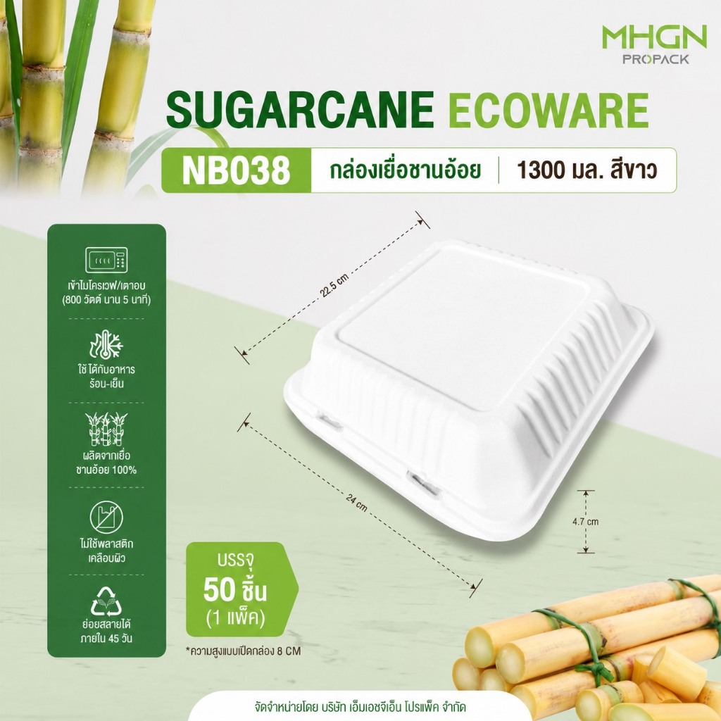 กล่องเยื่อชานอ้อย 9x9 นิ้ว 1300มล. สีขาว (สำหรับดีไซน์ใหม่) บรรจุ 50 ชิ้น