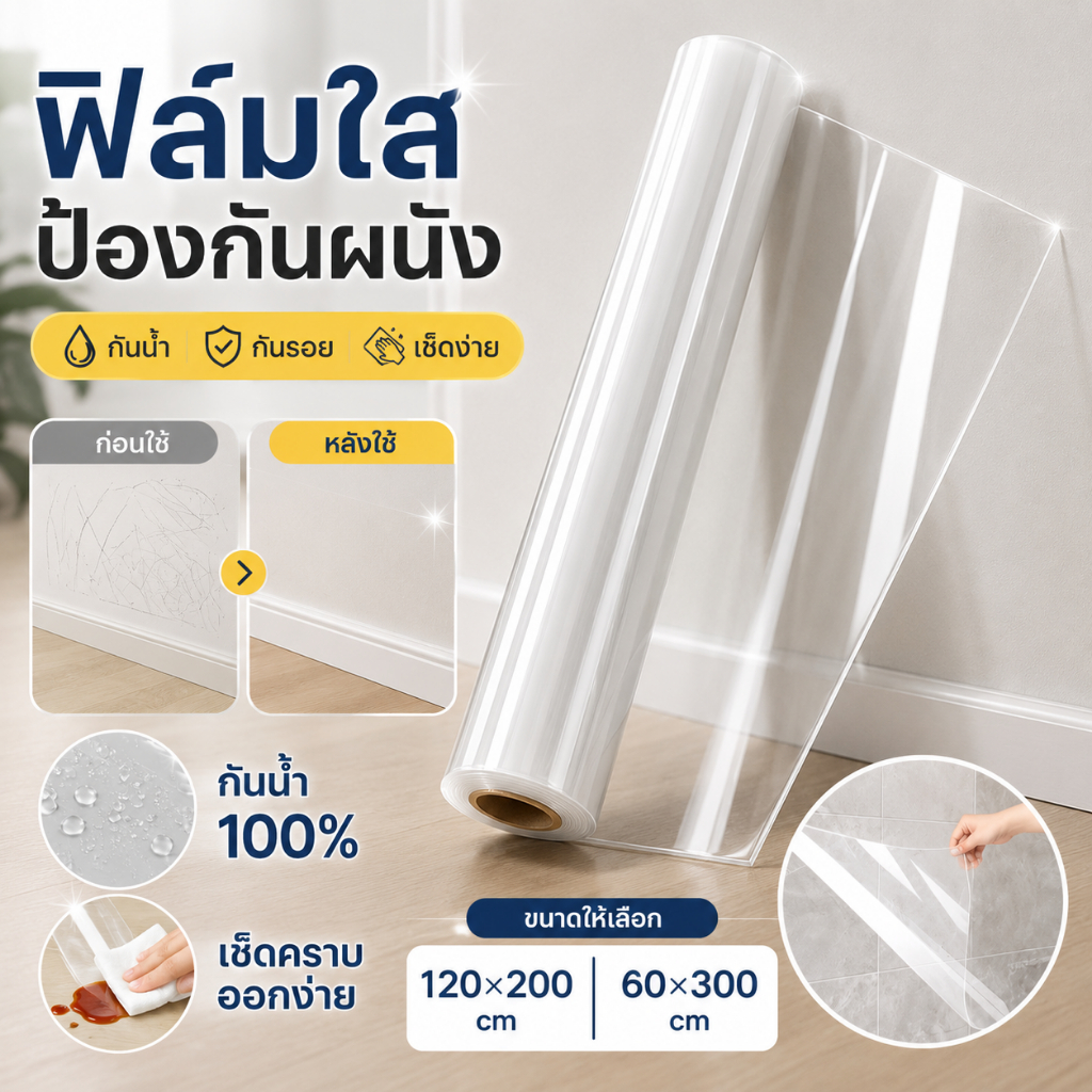 ฟิล์มกันรอยผนัง PVC ฟิล์มไฟฟ้าสถิต ไม่ใช้กาว กันน้ำ กันน้ำมัน ลอกออกไม่ทิ้งคราบ ฟิล์มใสติดผนัง ติดตั้งง่าย