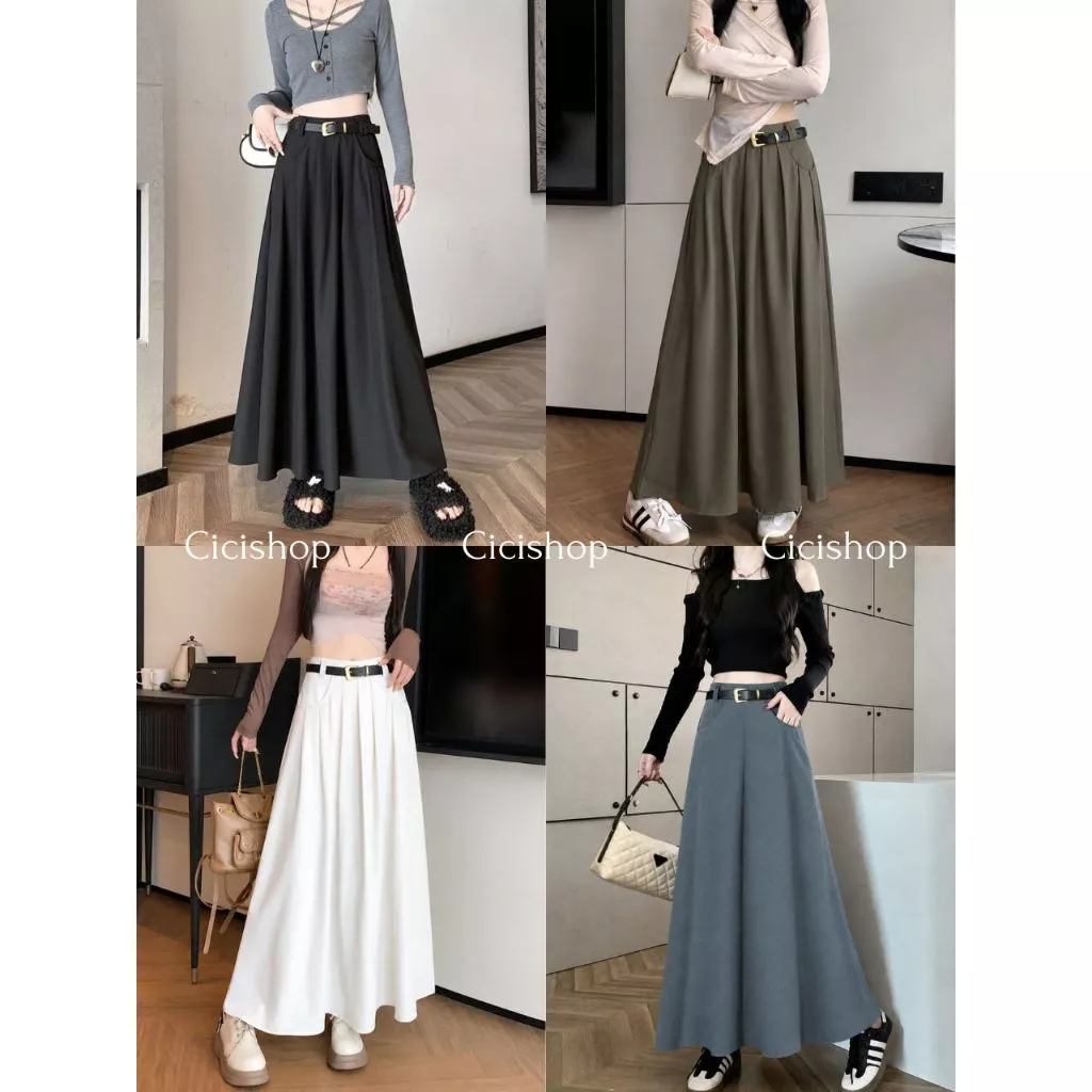 Cicishop(816) กระโปรงยาว ผ้าพริ้ว ดีเทลซิปข้างสม็อกหลัง มีกระเป๋าข้าง แถมเข็มขัด สายแฟชั่นห้ามพลาด