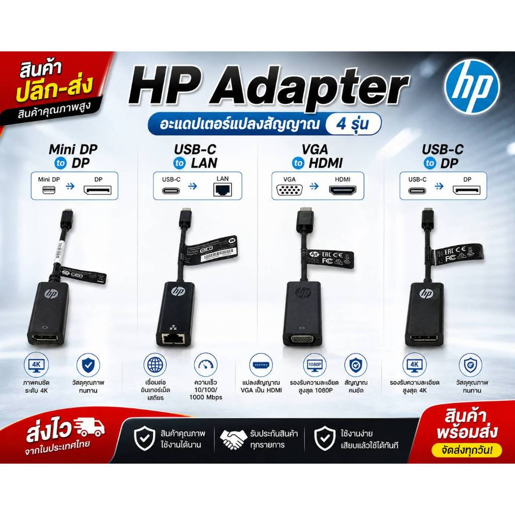 ตัวแปลง HP แท้ USB-C to LAN DP VGA to HDMI Mini DP to DP อะไหล่ Notebook ของใหม่ 100%