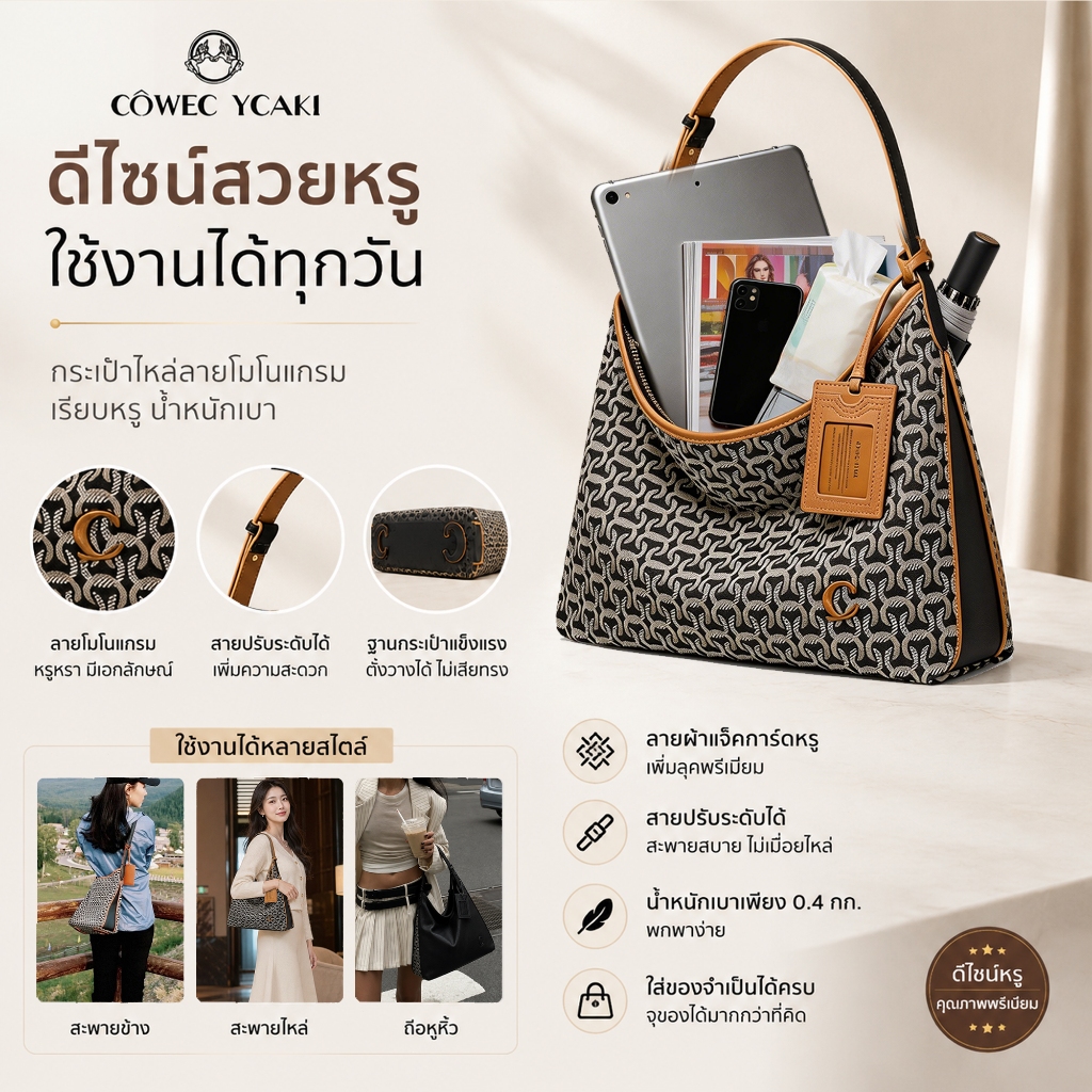 COWEC&YCAKI กระเป๋าสะพายไหล่ผู้หญิง แฟชั่น hobo bag กระเป๋าโท้ทความจุขนาดใหญ่ กระเป๋าสะพาย