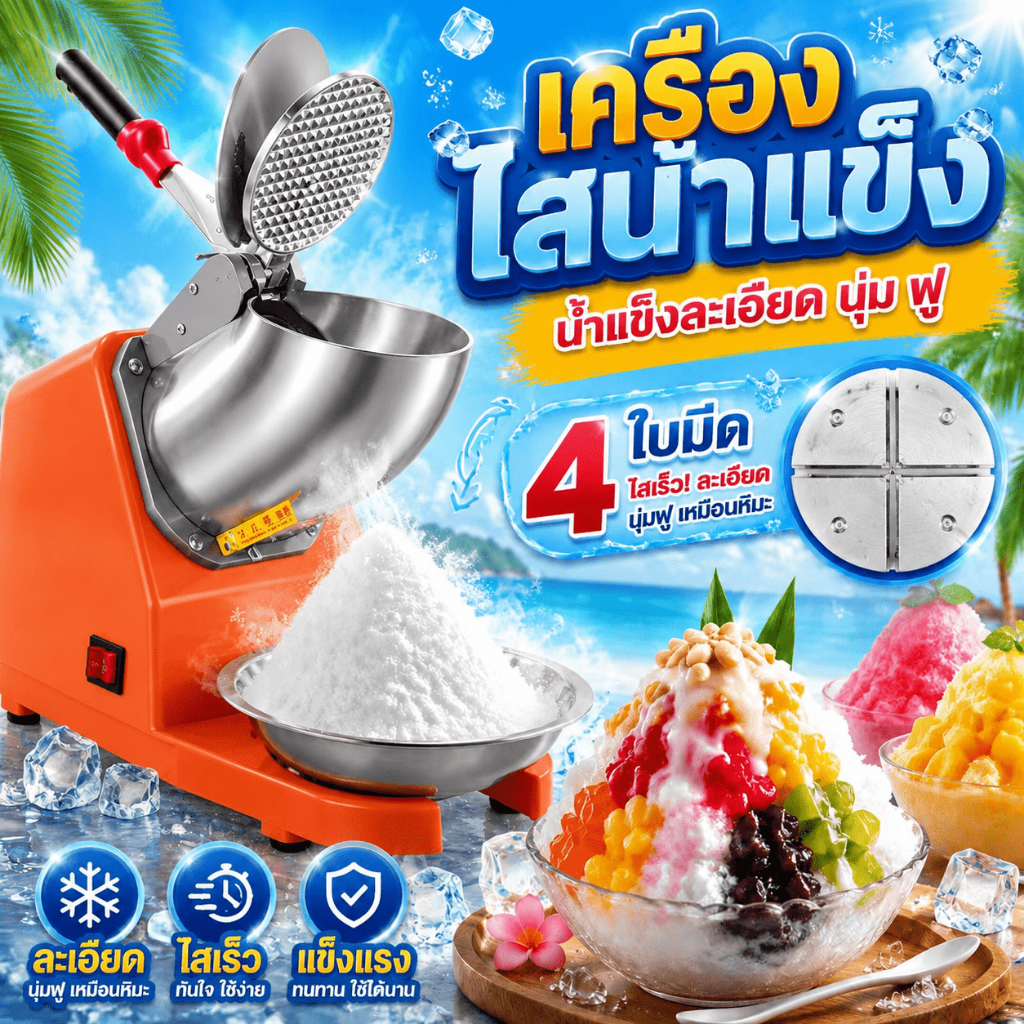 เครื่องบดน้ำแข็ง เครื่องทำน้ำแข็งใส ใบมีด 4 หัว มอเตอร์ทรงพลัง ใช้งานหนัก แข็งแรงทนทาน บดละเอียดรวดเร็ว วัสดุสเตนเลส