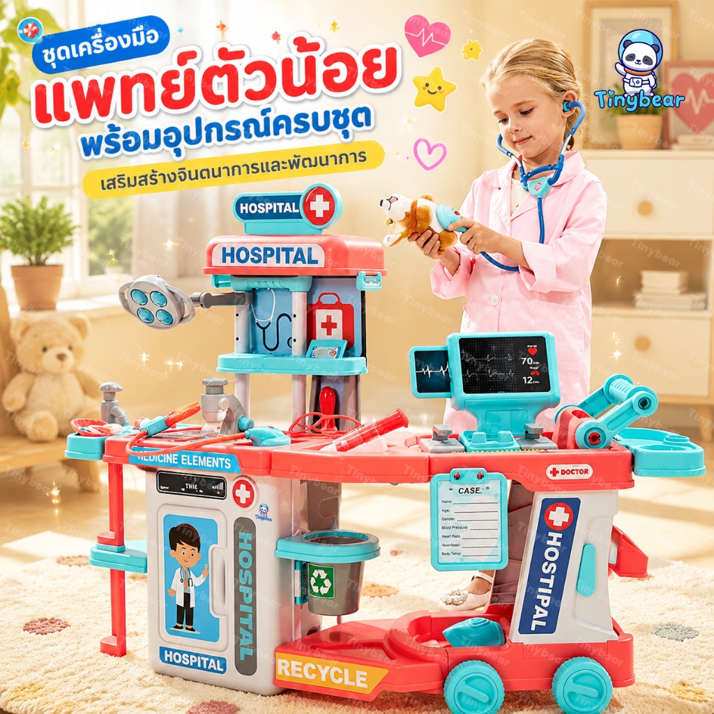 🚀TinyBear🚀 ของเล่นคุณหมอเหมือนจริง ของเล่นจำลอง ชุดโต๊ะคุณหมอ มีล้อลาก มีเสียงเพลง ไฟกระพริบ