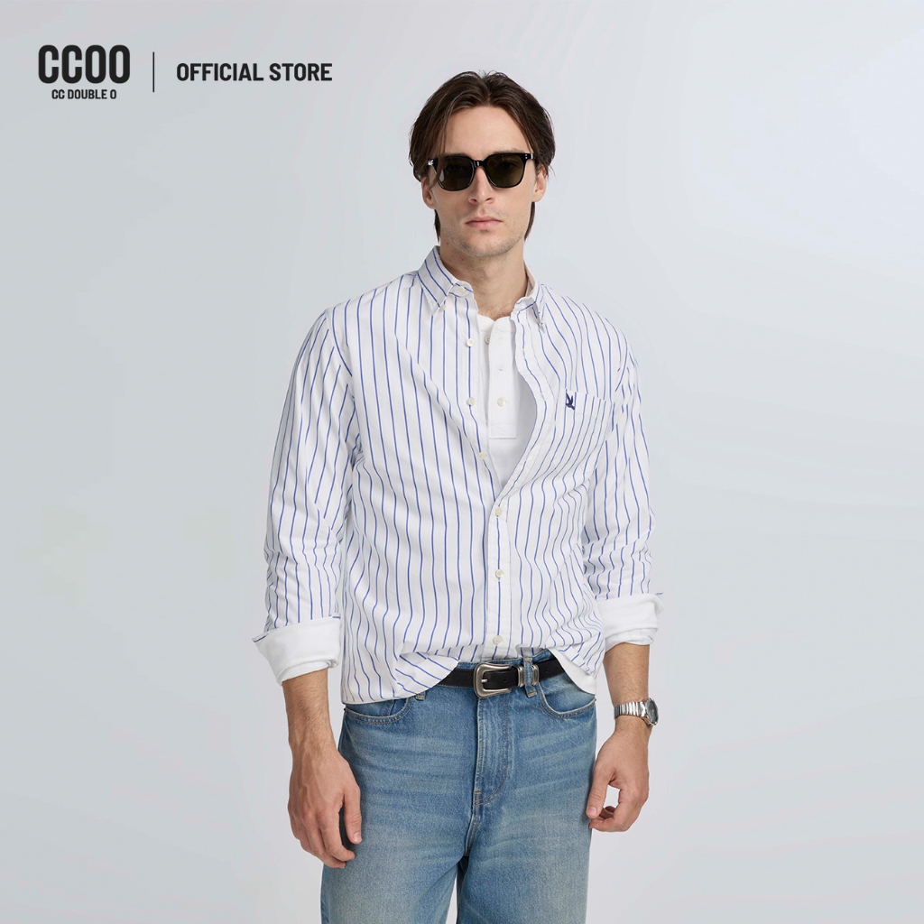 CC DOUBLE O SIGNATURE STRIPE POPLIN SHIRT ผู้ชาย เสื้อเชิ้ตแขนยาวผ้าป๊อปลินลายทางปักนก รุ่น O26WGMA079 (AW26 #P3)