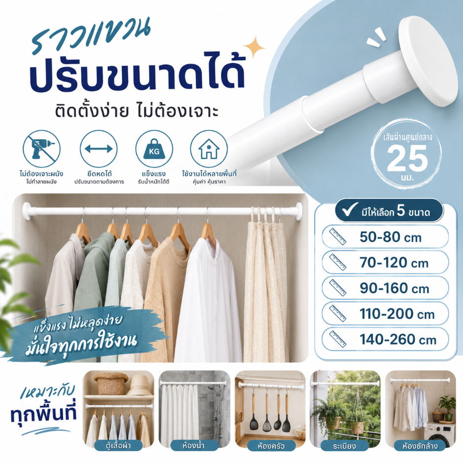 ราวแขวนอเนกประสงค์ ติดตั้งง่าย ใช้ได้ทุกห้อง ปรับได้
