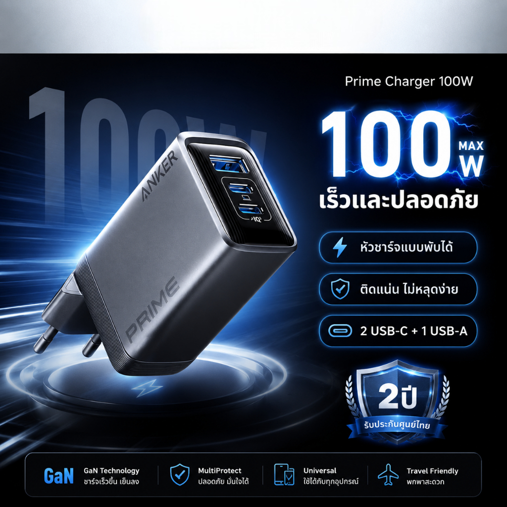Anker Prime Charger (100W, 3 Ports, GaN) หัวชาร์จเร็ว PD Fast Charger