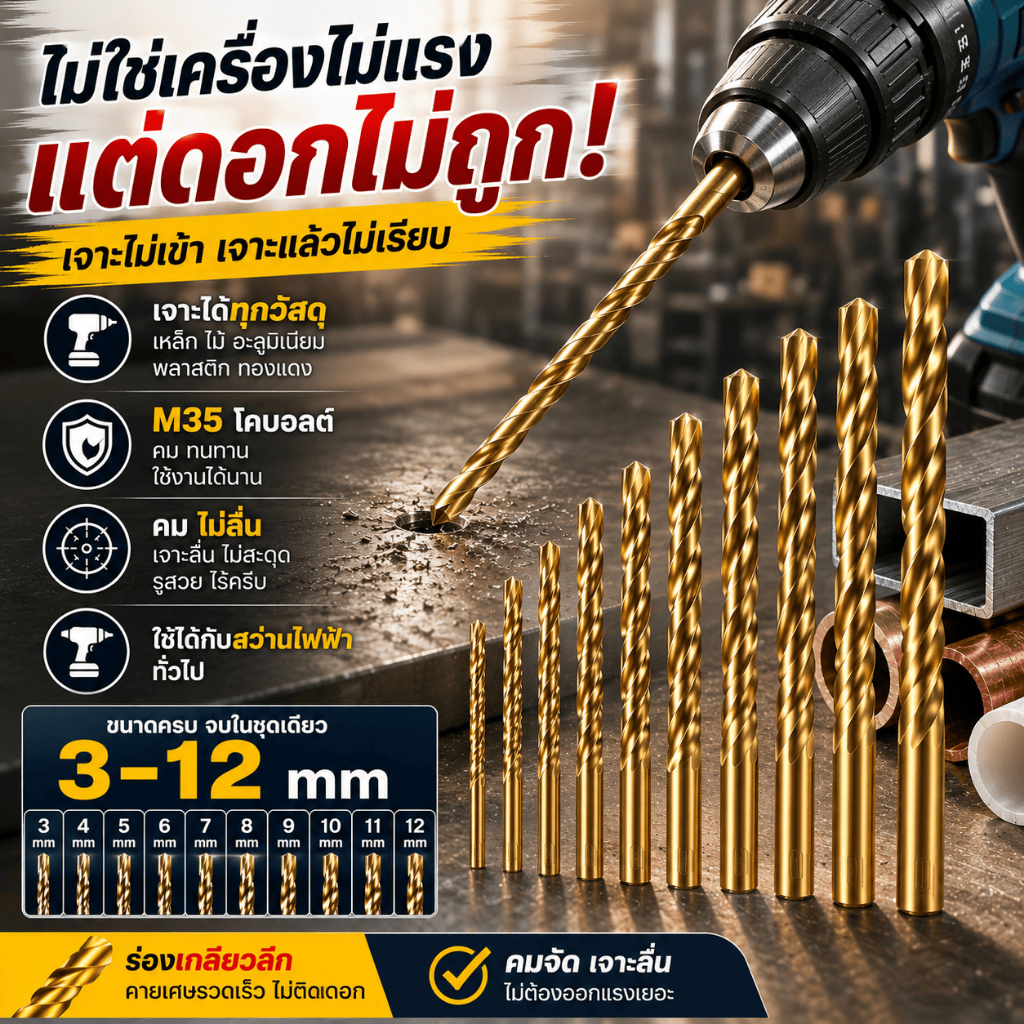 แผ่นเหล็กหนาเจาะได้3-12mmดอกสว่านโคบอลต์ เจาะเหล็กCo5 M35สําหรับดอกสว่าน เหล็กสเตนเลส โลหะแข็ง และโลหะ ดอกเจาะเหล็กHSS