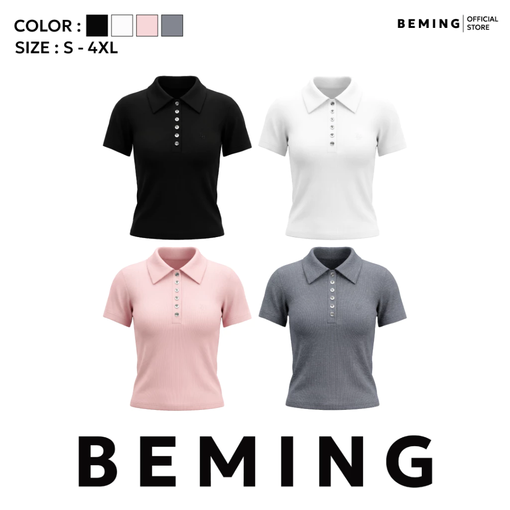 Bemingtop1223(S-4XL)-Lolety Top - เสื้อโปโลแขนสั้นดีไซน์มินิมอลตกแต่งกระดุมหน้าและปักโลโก้ BMG