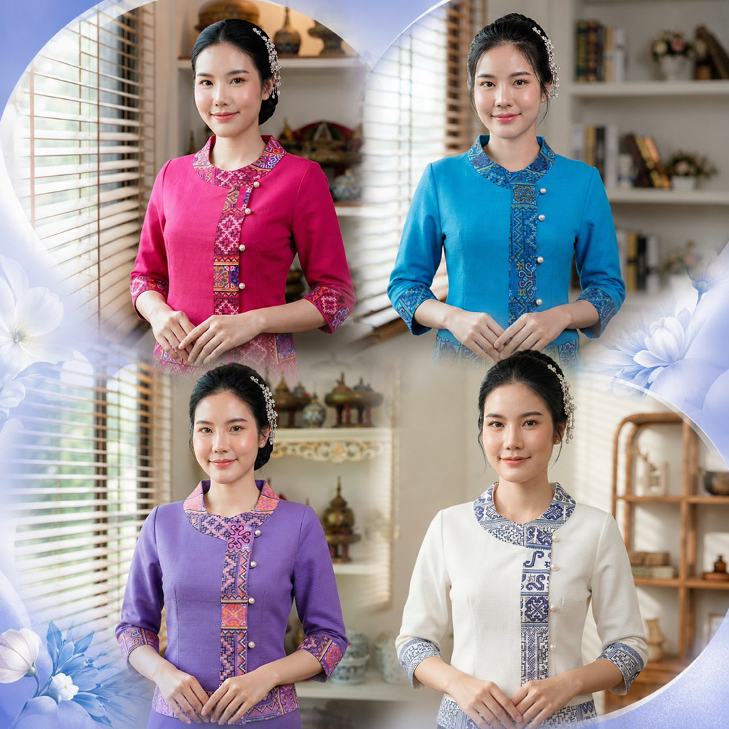 เสื้อพื้นเมืองคอกลมปีนแต่งผ้าลาย เนื้อผ้าฝ้าย แขนสามส่วน
