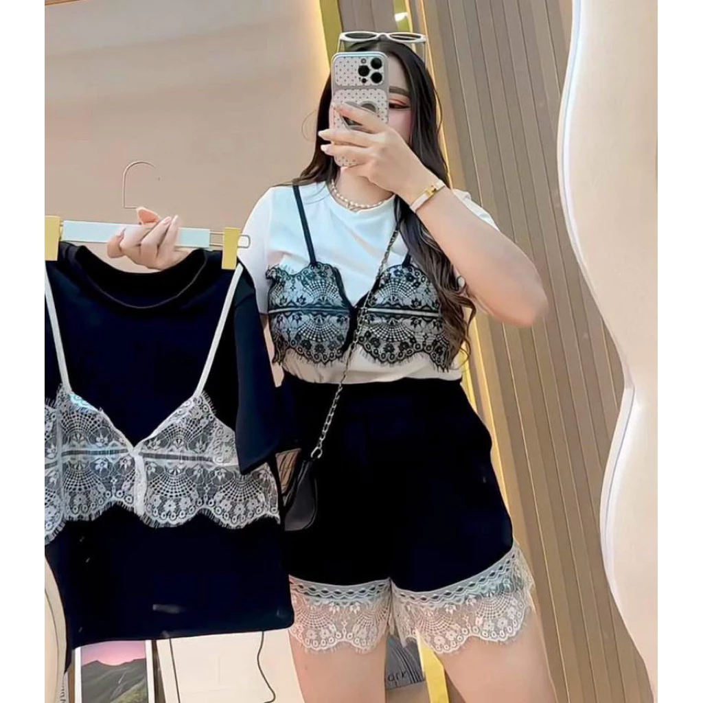 🎀SETเสื้อยืดแต่งดีเทลลุกไม้+กางเกงขาสั้น(พ7+ท14)🎀#สาวอวบ