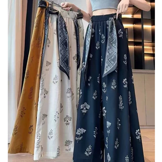 ผ้าดีมาก！！กางเกงขายาวลายดอกไม้ ผ้าสวยใส่สบาย เอวยืดได้ มีซิปข้างT-2624