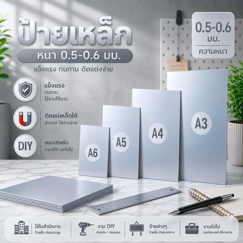แผ่นเหล็กกันสนิม หนา 0.5-0.6 mm ขนาด A3 A4 A5 A6 ป้ายเหล็ก ดีไอวาย ใช้ติดแม่เหล็กได้