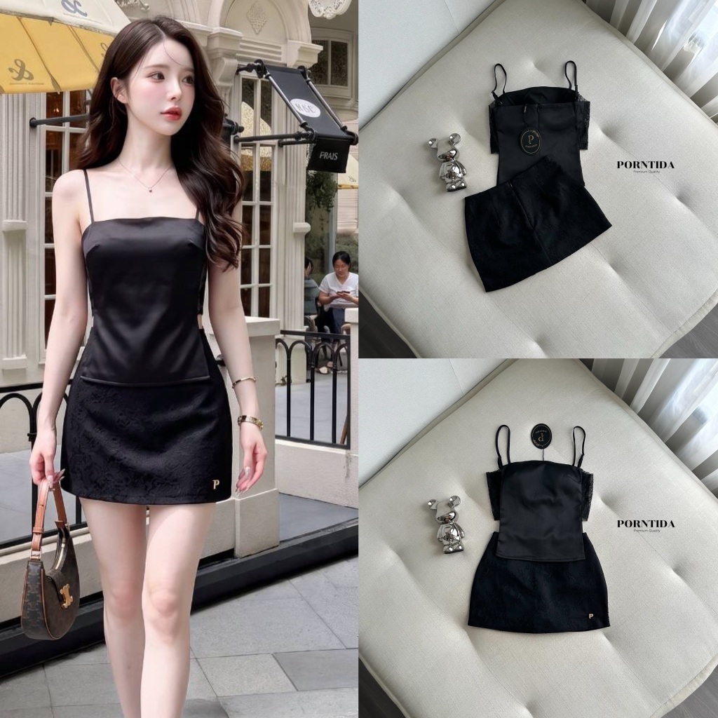 PORNTIDA Setเสื้อสายเดี่ยวอกเสริมฟองน้ำแ สีดำผ้าซาติน